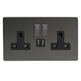 Iridium Black Screwless 2 Gang 13A Decorative Switched Socket + 2 5V DC 2100mA USB Ports Black Inserts