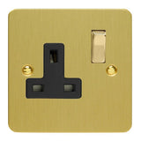 Brushed Brass Ultraflat 1 Gang 13A Double Pole Decorative Switched Socket Black Inserts