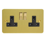 Brushed Brass Ultraflat 2 Gang 13A Double Pole Decorative Switched Socket Black Inserts