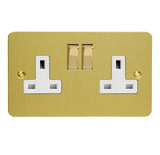 Brushed Brass Ultraflat 2 Gang 13A Double Pole Decorative Switched Socket White Inserts