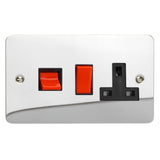 Polished Chrome Ultraflat Cooker Switch 45A with 13A Switched Socket Outlet Black Inserts