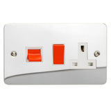 Polished Chrome Ultraflat Cooker Switch 45A with 13A Switched Socket Outlet White Inserts