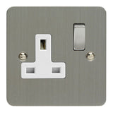 Brushed Steel Ultraflat 1 Gang 13A Double Pole Decorative Switched Socket White Inserts