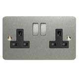 Brushed Steel Ultraflat 2 Gang 13A Double Pole Decorative Switched Socket Black Inserts