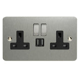 Brushed Steel Ultraflat 2 Gang 13A Decorative Switched Socket + 2 5V DC 2100mA USB Ports Black Inserts