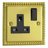 Georgian Brass Classic 1 Gang 13A Double Pole Switched Socket Black Inserts