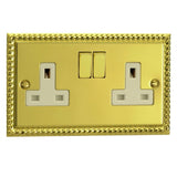 Georgian Brass Classic 2 Gang 13A Double Pole Decorative Switched Socket White Inserts