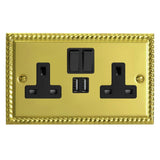 Georgian Brass Classic 2 Gang 13A Switched Socket + 2 5V DC 2100mA USB Ports Black Inserts