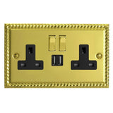 Georgian Brass Classic 2 Gang 13A Decorative Switched Socket + 2 5V DC 2100mA USB Ports Black Inserts