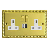 Georgian Brass Classic 2 Gang 13A Decorative Switched Socket + 2 5V DC 2100mA USB Ports White Inserts