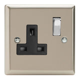 Satin Chrome Classic 1 Gang 13A Double Pole Decorative Switched Socket Black Inserts