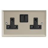 Satin Chrome Classic 2 Gang 13A Double Pole Switched Socket Black Inserts