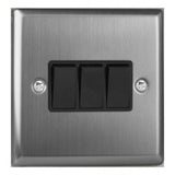 Brushed Steel Classic 3 Gang 10A 1 or 2 Way Black Rocker Switch