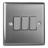 Brushed Steel Classic 3 Gang 10A 1 or 2 Way Decorative Rocker Switch