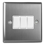 Brushed Steel Classic 3 Gang 10A 1 or 2 Way White Rocker Switch