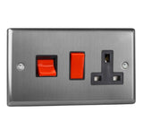 Brushed Steel Classic Cooker Switch 45A with 13A Switched Socket Outlet Black Inserts
