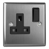 Brushed Steel Classic 1 Gang 13A Double Pole Switched Socket Black Inserts