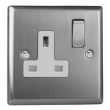 Brushed Steel Classic 1 Gang 13A Double Pole Decorative Switched Socket White Inserts