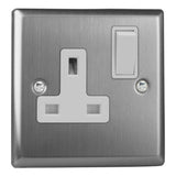 Brushed Steel Classic 1 Gang 13A Double Pole Switched Socket White Inserts
