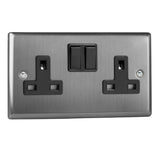 Brushed Steel Classic 2 Gang 13A Double Pole Switched Socket Black Inserts