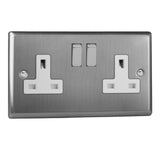 Brushed Steel Classic 2 Gang 13A Double Pole Decorative Switched Socket White Inserts