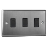 Brushed Steel Classic 3 Gang 10A 1 or 2 Way Black Rocker Switch (Twin Plate)