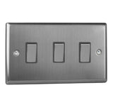 Brushed Steel Classic 3 Gang 10A 1 or 2 Way Decorative Rocker Switch (Twin Plate)