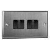 Brushed Steel Classic 4 Gang 10A 1 or 2 Way Black Rocker Switch (Twin Plate)