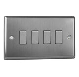 Brushed Steel Classic 4 Gang 10A 1 or 2 Way Decorative Rocker Switch (Twin Plate)