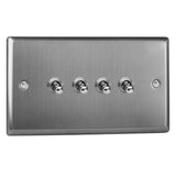 Brushed Steel Classic 4 Gang 10A 1 or 2 Way Decorative Toggle Switch (Twin Plate)