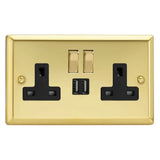 Victorian Brass Classic 2 Gang 13A Decorative Switched Socket + 2 5V DC 2100mA USB Ports Black Inserts