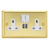 Victorian Brass Classic 2 Gang 13A Switched Socket + 2 5V DC 2100mA USB Ports White Inserts
