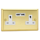 Victorian Brass Classic 2 Gang 13A Unswitched Socket + 2 5V DC 2100mA USB Ports White Inserts