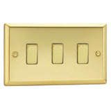 Victorian Brass Classic 3 Gang 10A 1 or 2 Way Decorative Rocker Switch (Twin Plate)