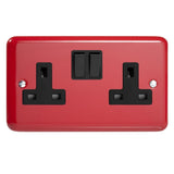 Pillar Box Red Lily 2 Gang 13A Double Pole Switched Socket Black Inserts
