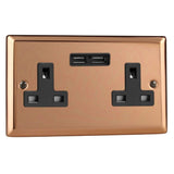 Polished Copper Urban 2 Gang 13A Unswitched Socket + 2 5V DC 2100mA USB Ports Black Inserts