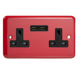 Pillar Box Red Lily 2 Gang 13A Unswitched Socket + 2 5V DC 2100mA USB Ports Black Inserts