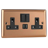 Polished Copper Urban 2 Gang 13A Switched Socket + 2 5V DC 2100mA USB Ports Black Inserts