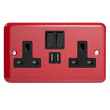 Pillar Box Red Lily 2 Gang 13A Switched Socket + 2 5V DC 2100mA USB Ports Black Inserts