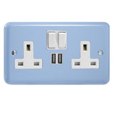 Duck Egg Blue Lily 2 Gang 13A Switched Socket + 2 5V DC 2100mA USB Ports White Inserts