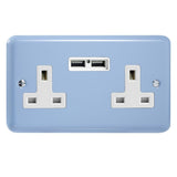 Duck Egg Blue Lily 2 Gang 13A Unswitched Socket + 2 5V DC 2100mA USB Ports White Inserts