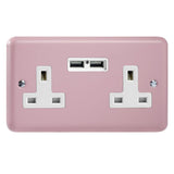 Rose Pink Lily 2 Gang 13A Unswitched Socket + 2 5V DC 2100mA USB Ports White Inserts