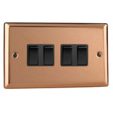 Polished Copper Urban 4 Gang 10A 1 or 2 Way Black Rocker Switch (Twin Plate)