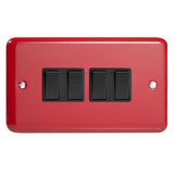 Pillar Box Red Lily 4 Gang 10A 1 or 2 Way Black Rocker Switch (Twin Plate)