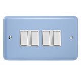 Duck Egg Blue Lily 4 Gang 10A 1 or 2 Way White Rocker Switch (Twin Plate)